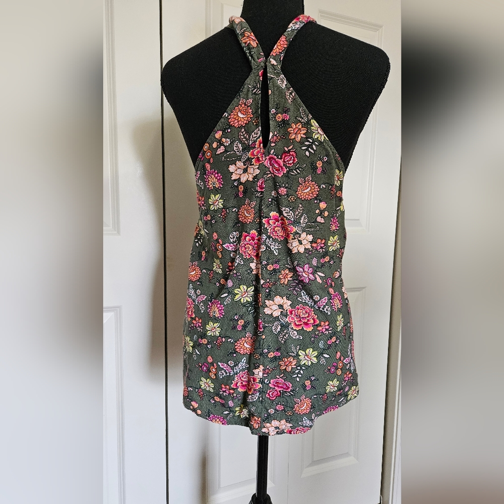 LOFT Olive Floral Halter Tank Top with Pink & Peach Flowers - Picture 2 of 12